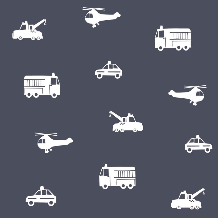 Blue and white non-woven wallpaper for boys Cars, helicopters 138916, Little Bandits, Esta