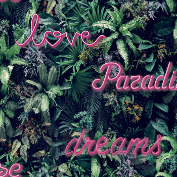 Non-woven tropical leaves wallpaper with neon texts GV24210, Good Vibes, Decoprint