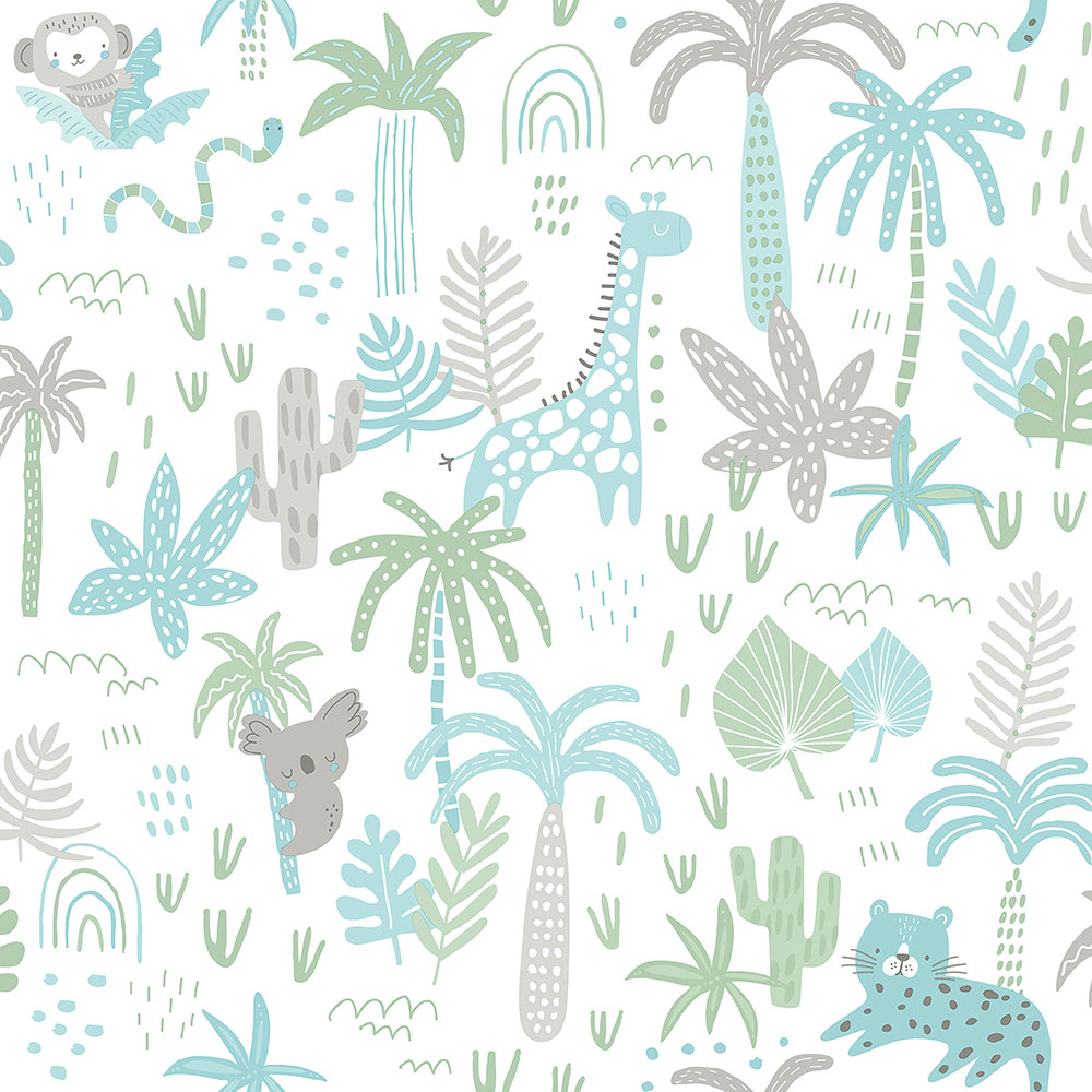 Paper children's wallpaper with animals, palm trees and leaves 454-1, Pippo, ICH Wallcoverings