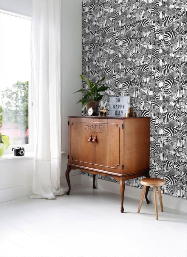 Non-woven black and white wallpaper with zebras 139155, Paradise, Esta Home