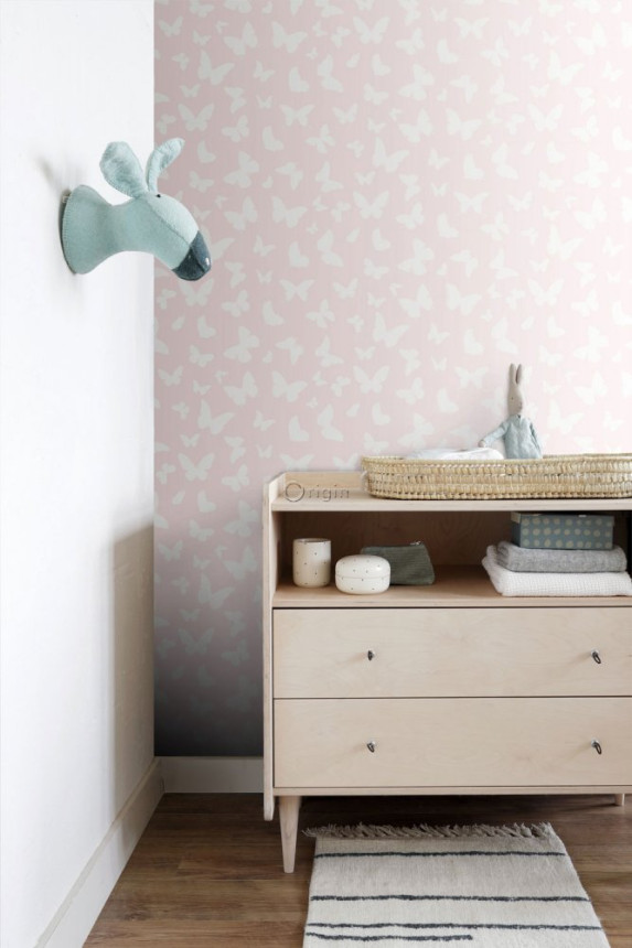 Non-woven metallic pink wallpaper with butterflies 347691, Precious, Origin