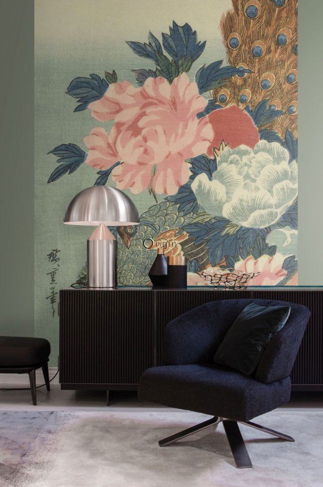 Non-woven wall mural with peacock and peonies 357233, 200 x 300 cm, Natural Fabrics, Origin