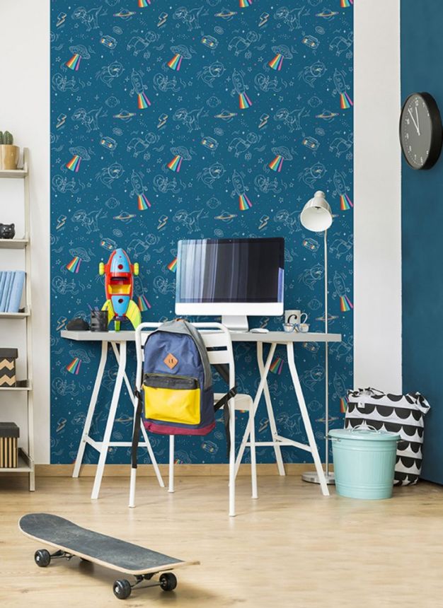 Non-woven blue children's wallpaper - animals and dinosaurs in space M36804, My Kingdom, Ugépa