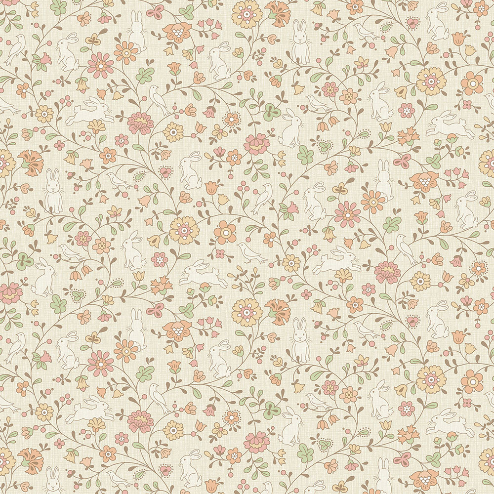 Beige non-woven children's wallpaper - flowers, bunnies JS3103, Jack´N Rose 2024 , Grandeco