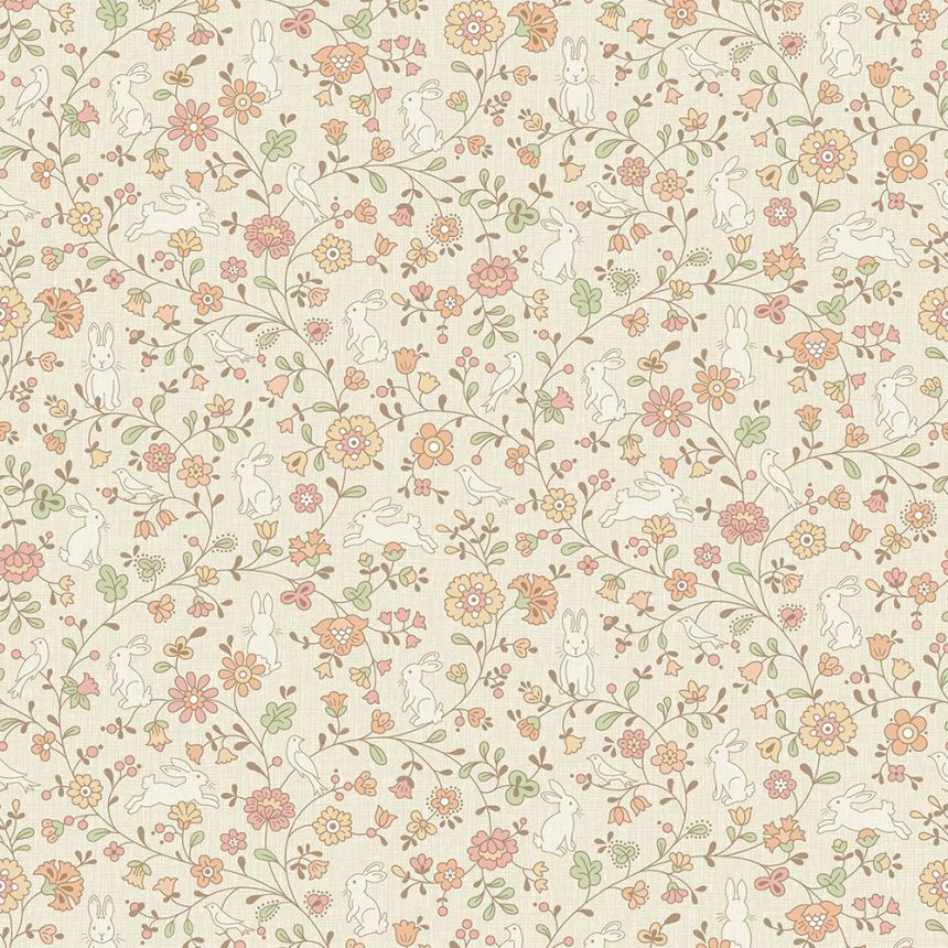 Beige non-woven children's wallpaper - flowers, bunnies JS3103, Jack´N Rose 2024 , Grandeco