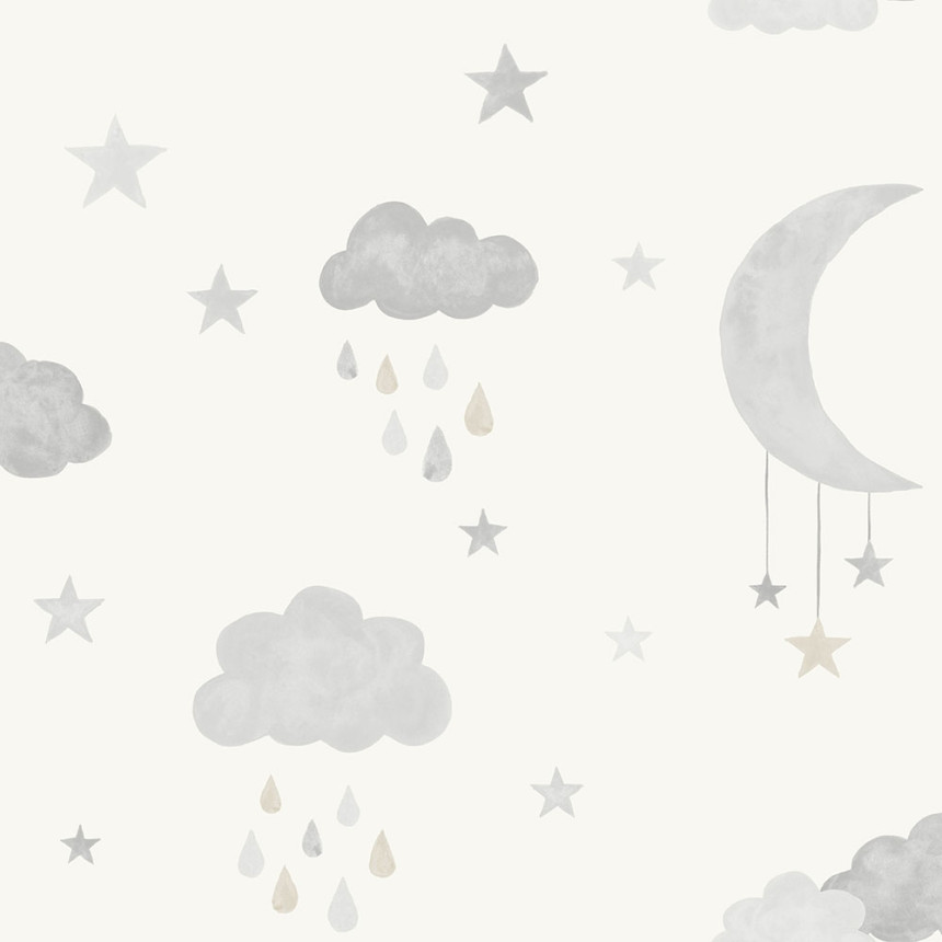 Gray-white children's wallpaper with stars and clouds JS2211, Jack´N Rose 2024 , Grandeco