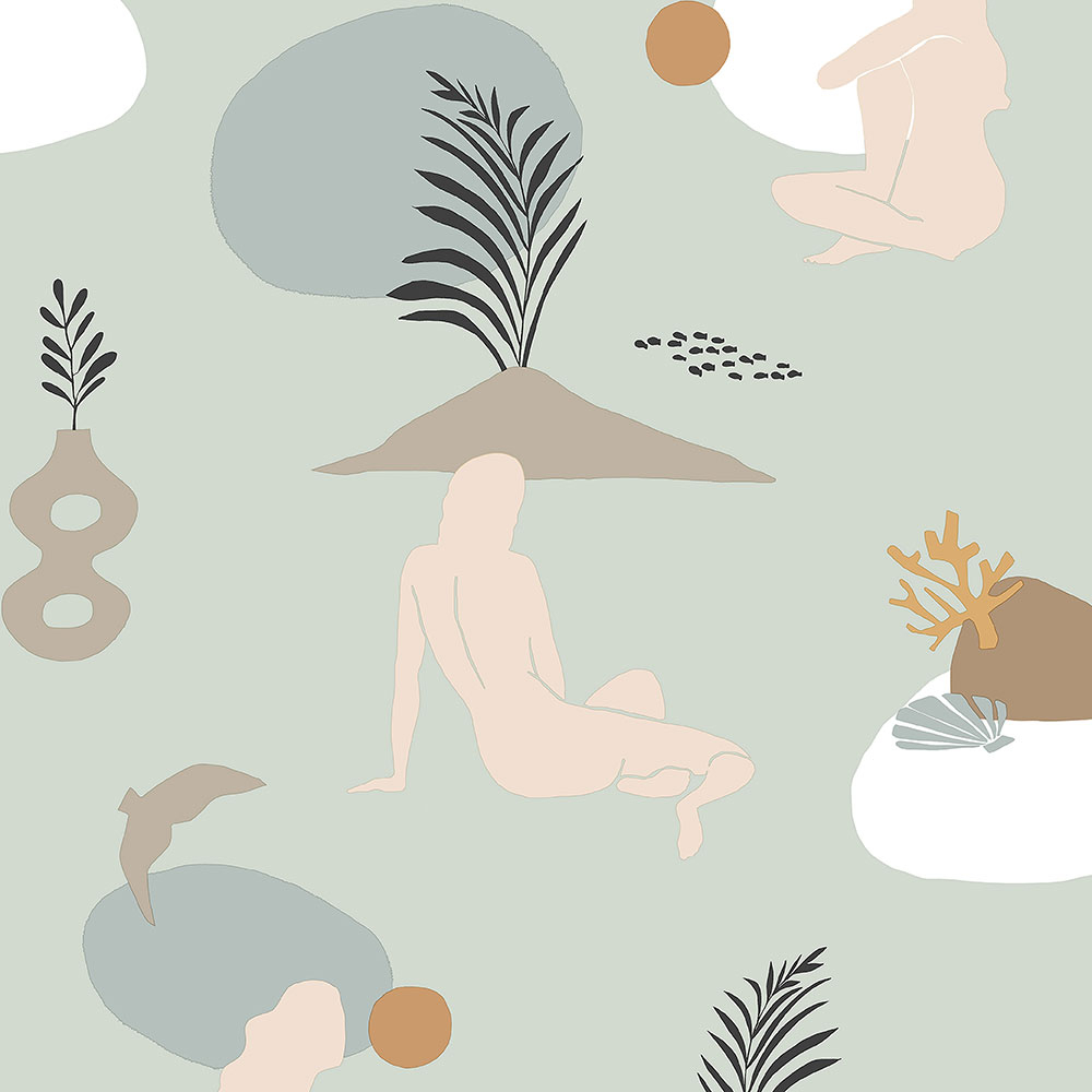 Green non-woven wallpaper, women on a beach 6503-3, Batabasta, ICH Wallcoverings