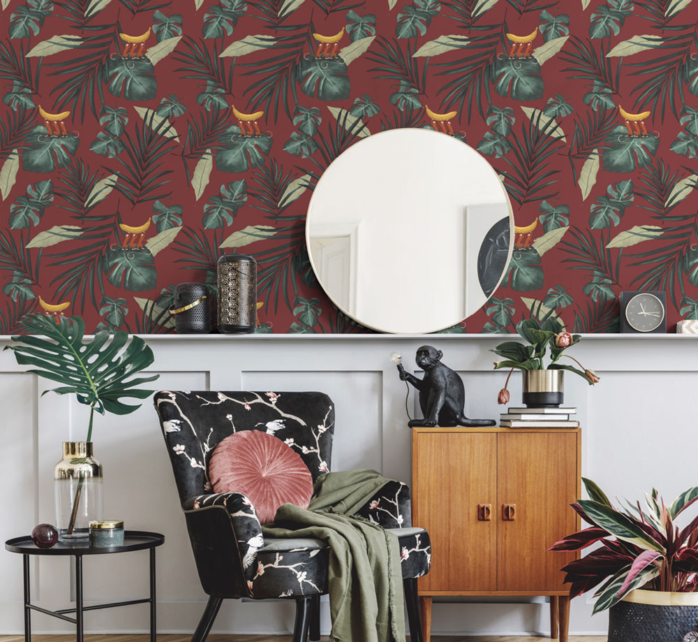 Non-woven wallpaper, leaves, monkeys 6502-3, Batabasta, ICH Wallcoverings