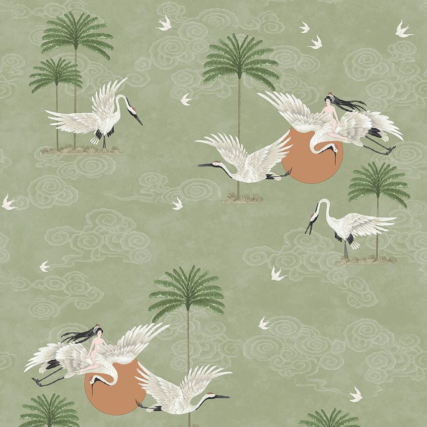 Green romantic non-woven wallpaper, birds, palm trees 6501-3, Batabasta, ICH Wallcoverings