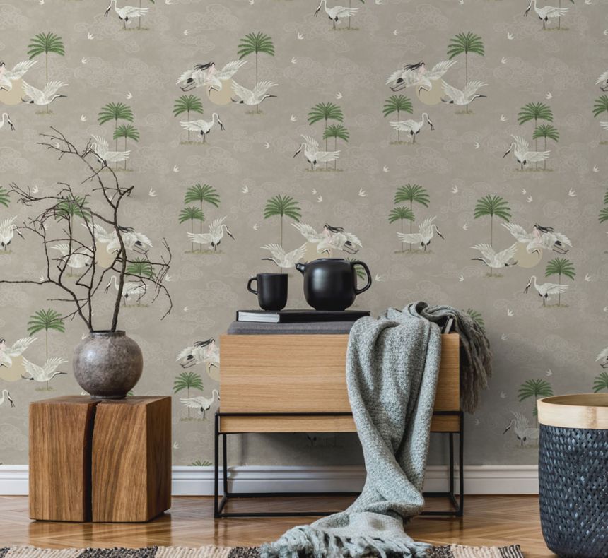 Beige romantic non-woven wallpaper, birds, palm trees 6501-2, Batabasta, ICH Wallcoverings