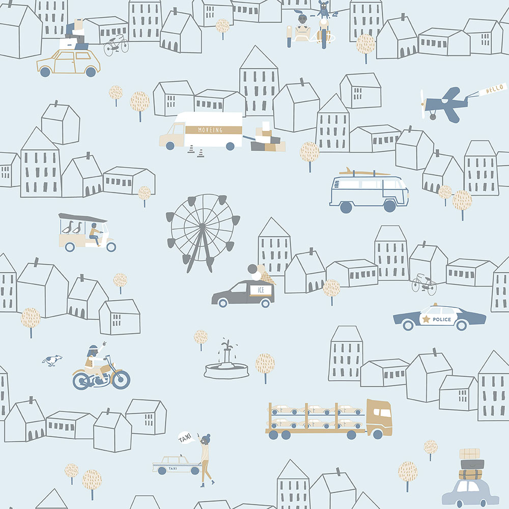 Blue children's wallpaper for boys, city, cars 7002-1, Noa, ICH Wallcoverings