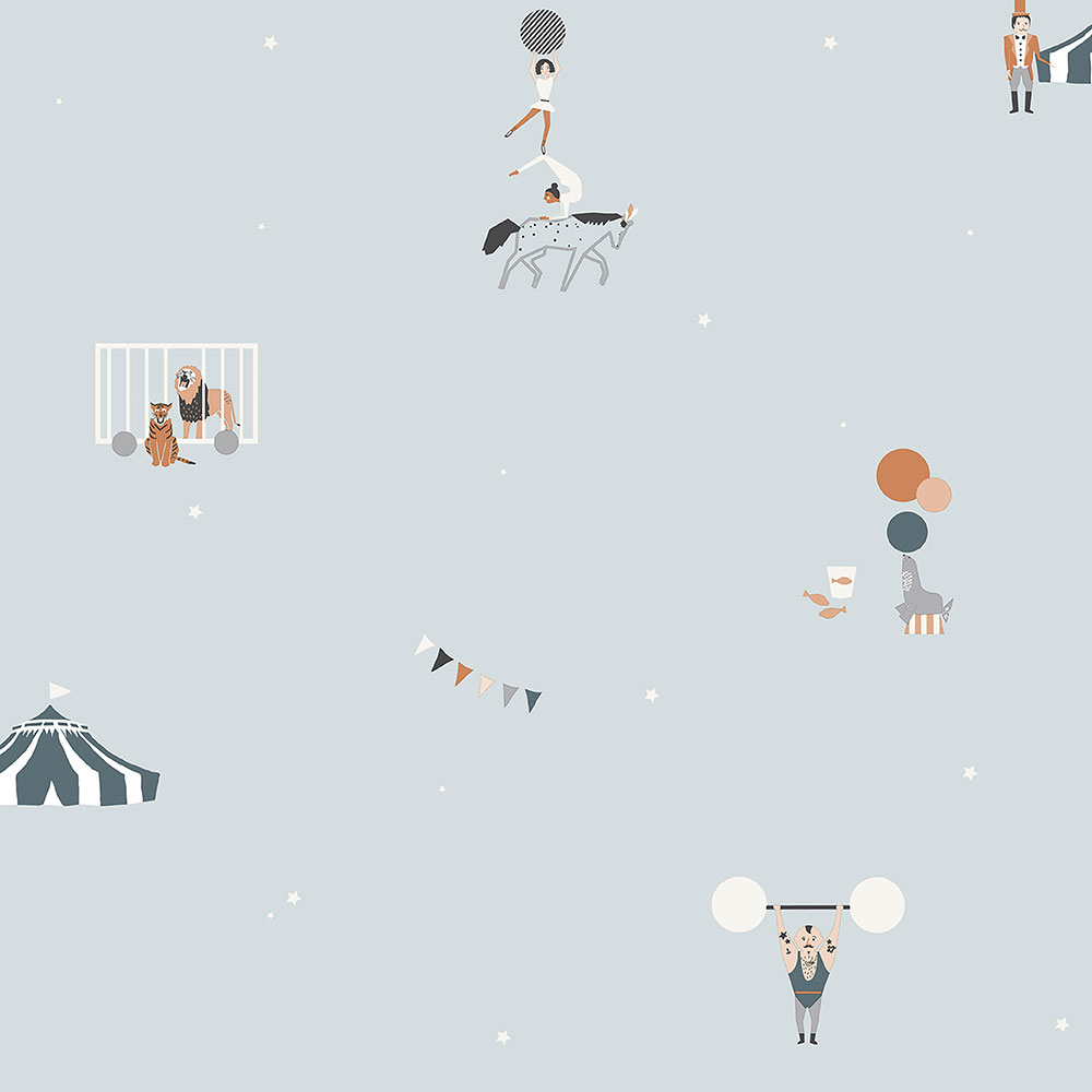 Blue children's wallpaper with animals, circus 7000-1, Noa, ICH Wallcoverings