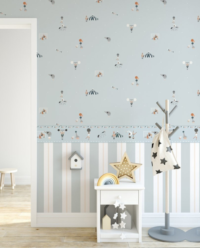 Blue children's wallpaper with animals, circus 7000-1, Noa, ICH Wallcoverings