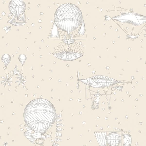 Beige children's wallpaper - balloons and airships JR3003, Jack´N Rose 2024, Grandeco