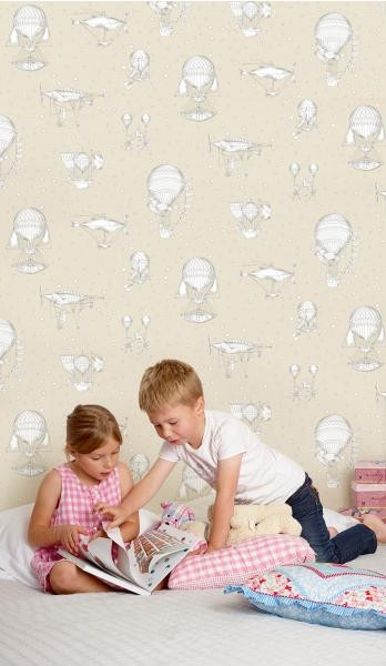 Beige children's wallpaper - balloons and airships JR3003, Jack´N Rose 2024, Grandeco