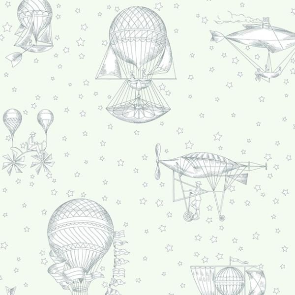 Green children's wallpaper - balloons and airships JR3001, Jack´N Rose 2024, Grandeco