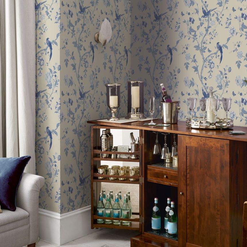 Non-woven wallpaper with blue flowers and birds 113390, Laura Ashley, Graham & Brown