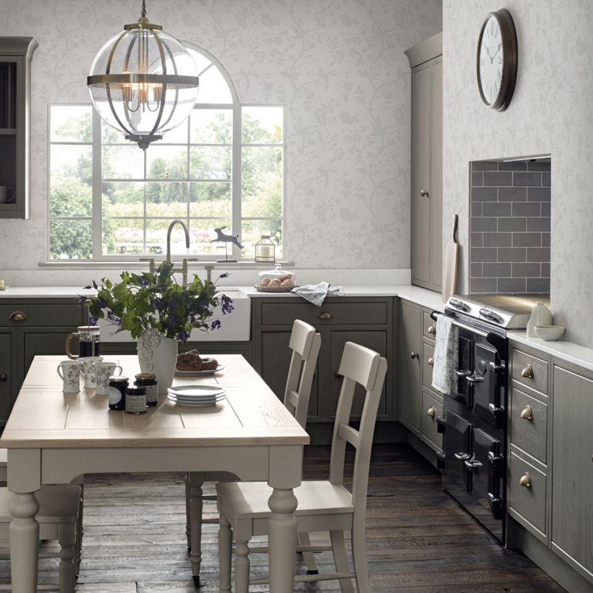 Non-woven wallpaper with beige flowers and birds 113391, Laura Ashley, Graham & Brown