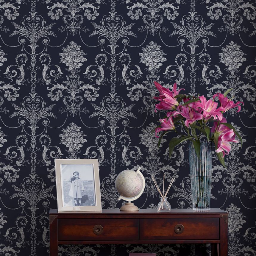Non-woven wallpaper blue with ornaments 113386, Laura Ashley, Graham & Brown