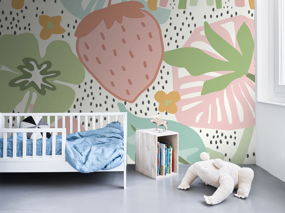 Luxury children's wall mural with leaves, flowers, strawberries 300443DG, 250 x 280 cm, Doodleedo, BN Walls