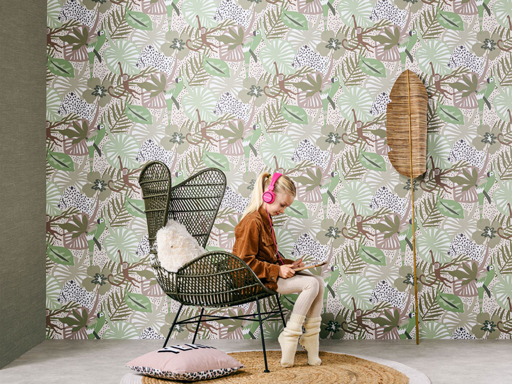 Colorful children's wallpaper with leaves, parrots, monkeys 220723, Doodleedo, BN Walls