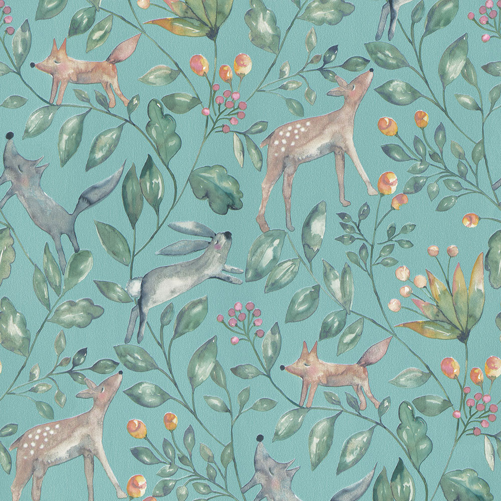 Green children's wallpaper with forest animals 220703, Doodleedo, BN Walls