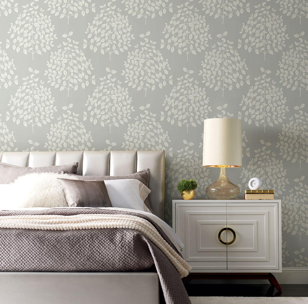 Silver non-woven wallpaper, white twigs, leaves OS4252, Modern nature II, York