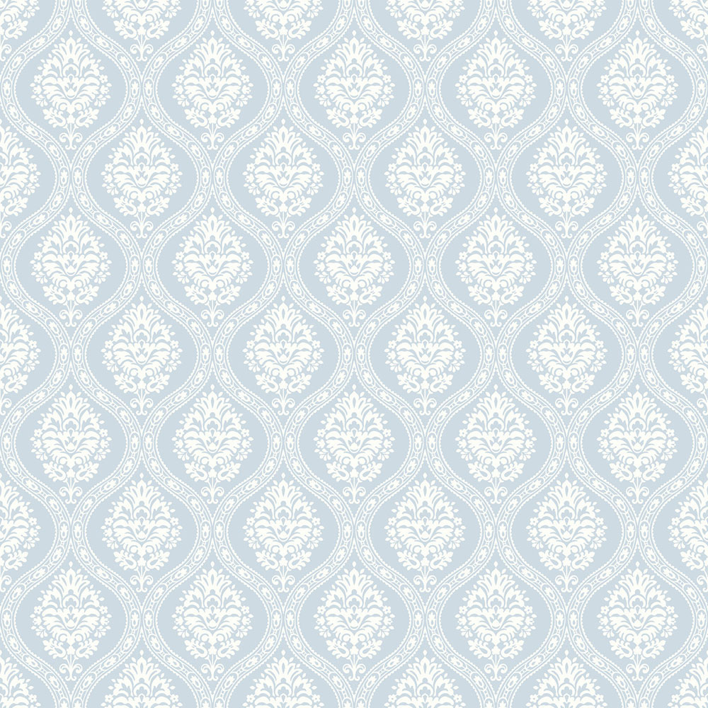 Light blue pre-pasted wallpaper, white damask pattern DM5026, Damask, York