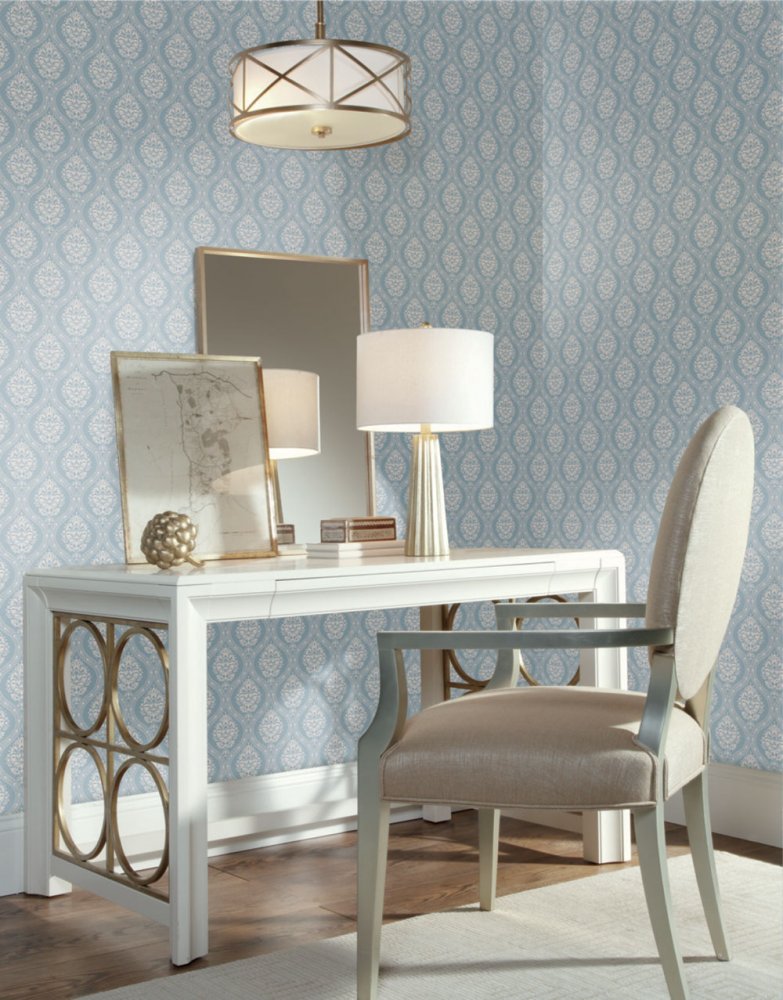 Light blue pre-pasted wallpaper, white damask pattern DM5026, Damask, York