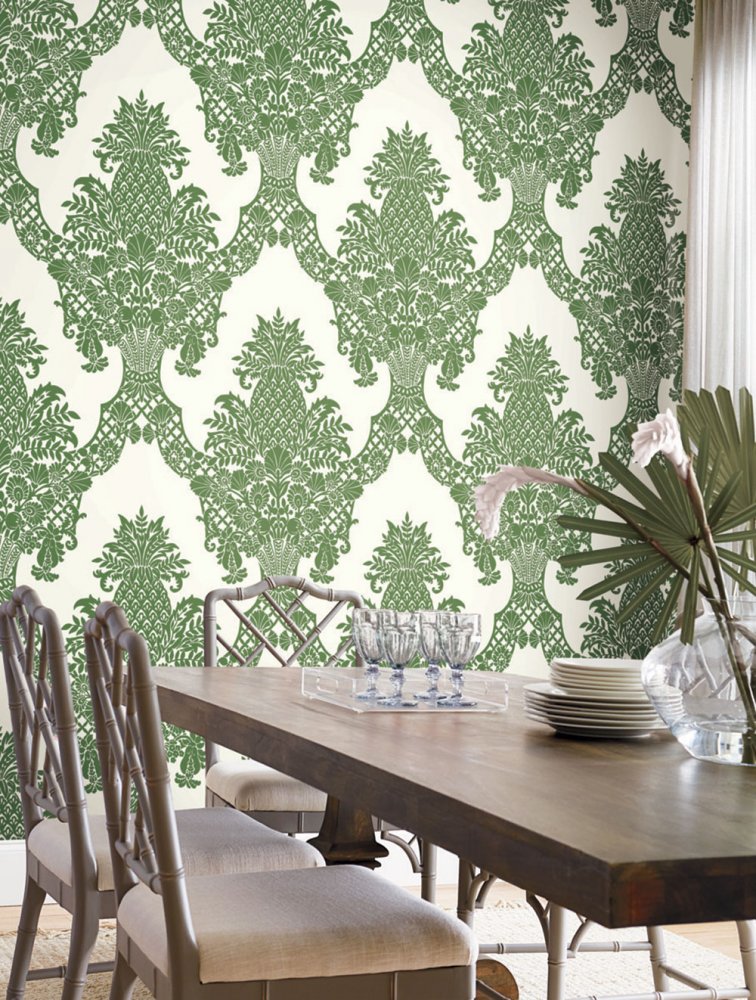 Green-white pre-pasted wallpaper, ornaments DM4976, Damask, York