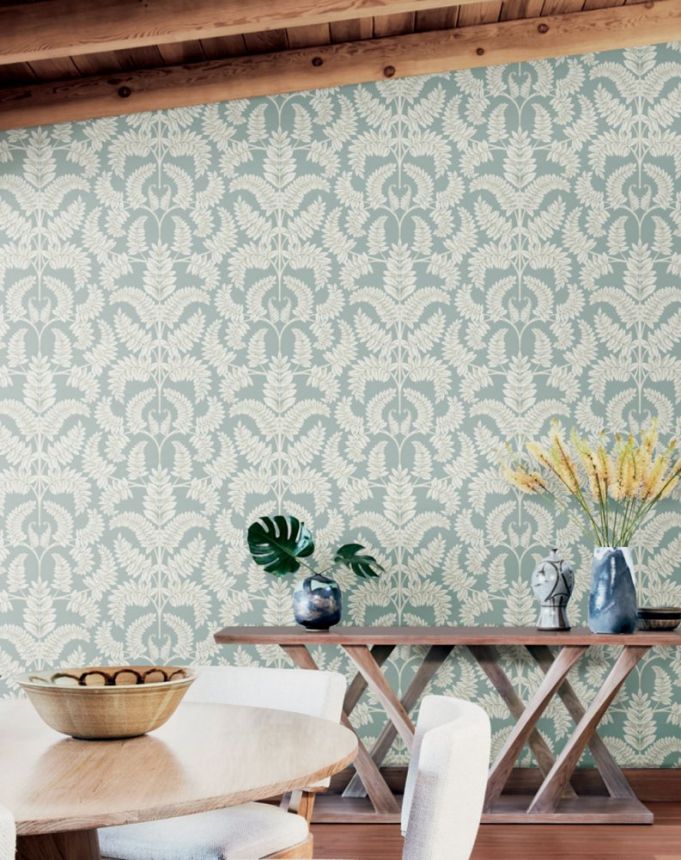 Green pre-pasted wallpaper, white-beige leaves DM4964, Damask, York