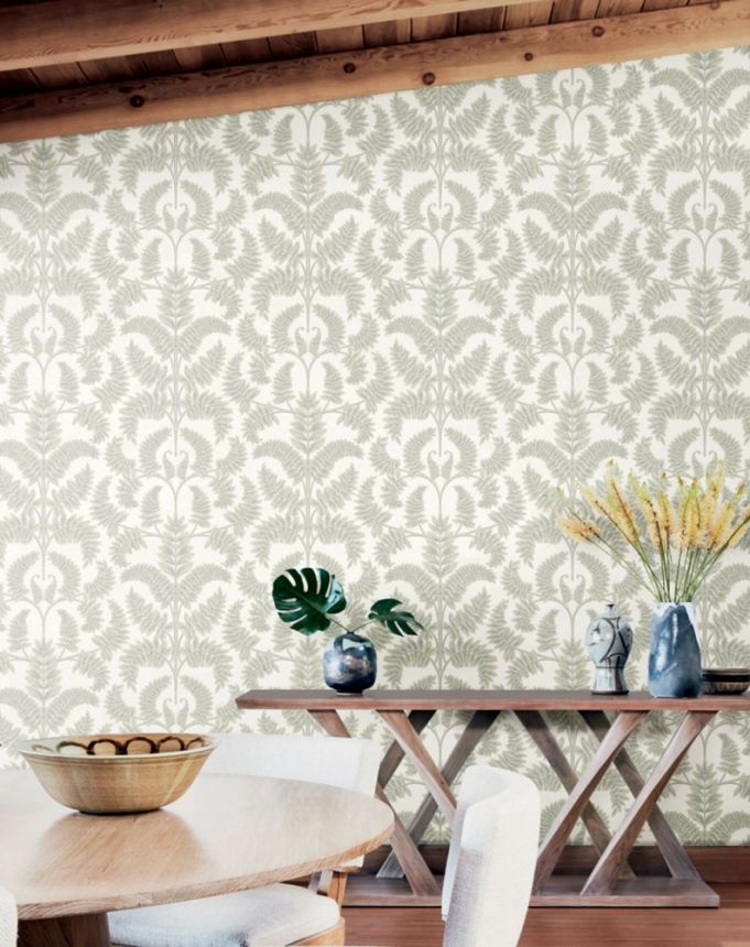 White pre-pasted wallpaper, grey-beige leaves DM4963, Damask, York