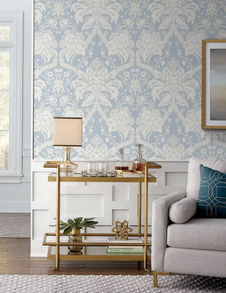 Blue-beige pre-pasted wallpaper, ornaments DM4955, Damask, York