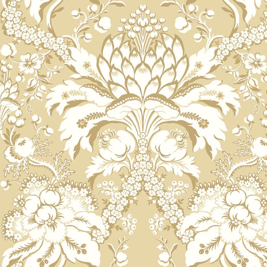 Ochre-gold pre-pasted wallpaper, ornaments DM4953, Damask, York