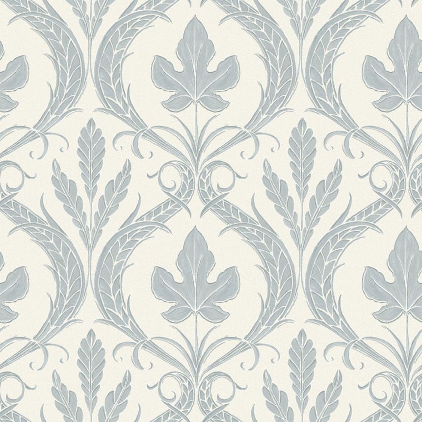 Blue-white pre-pasted wallpaper, leaves, ornaments DM4922, Damask, York