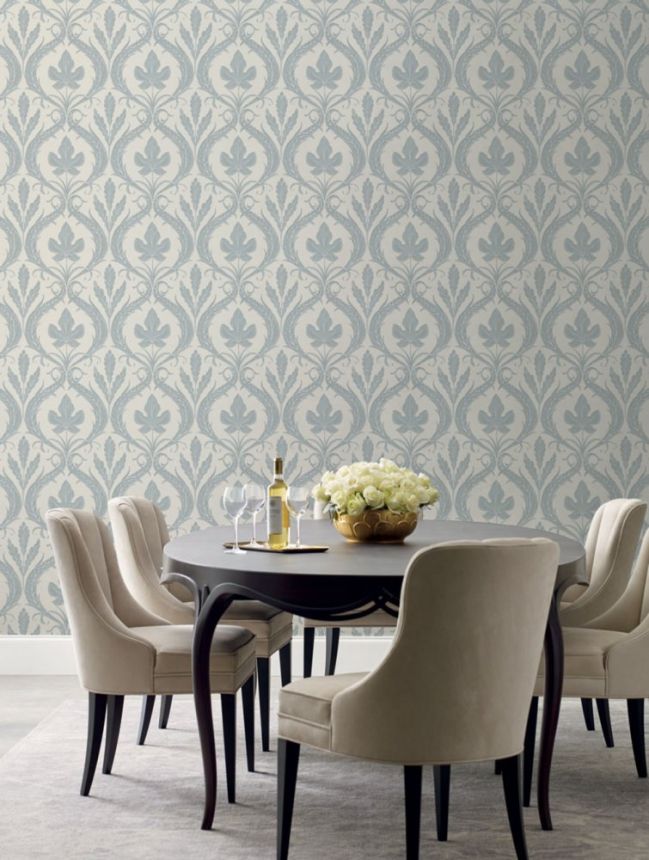 Blue-white pre-pasted wallpaper, leaves, ornaments DM4922, Damask, York