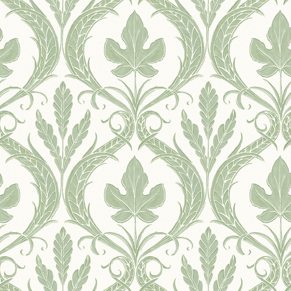 Green-white pre-pasted wallpaper, leaves, ornaments DM4921, Damask, York