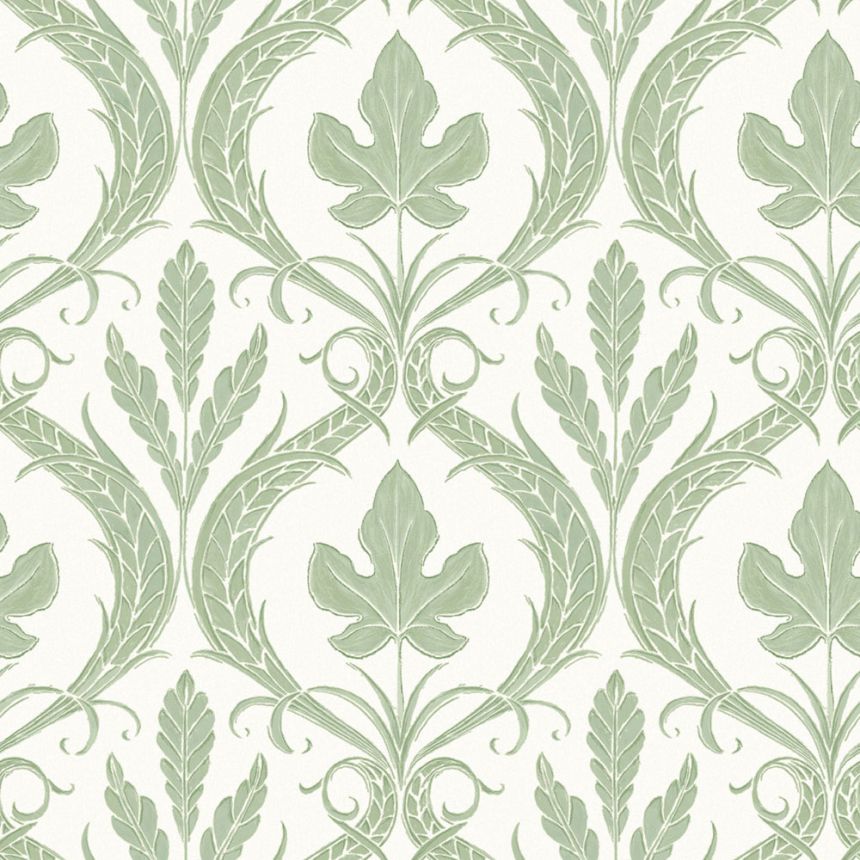 Green-white pre-pasted wallpaper, leaves, ornaments DM4921, Damask, York