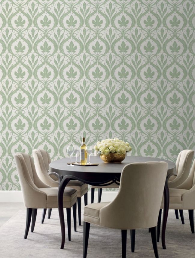 Green-white pre-pasted wallpaper, leaves, ornaments DM4921, Damask, York