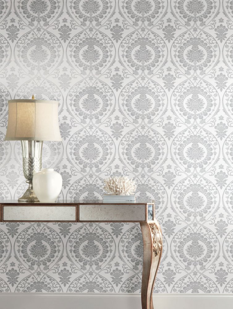 White pre-pasted baroque wallpaper DM4905, Damask, York