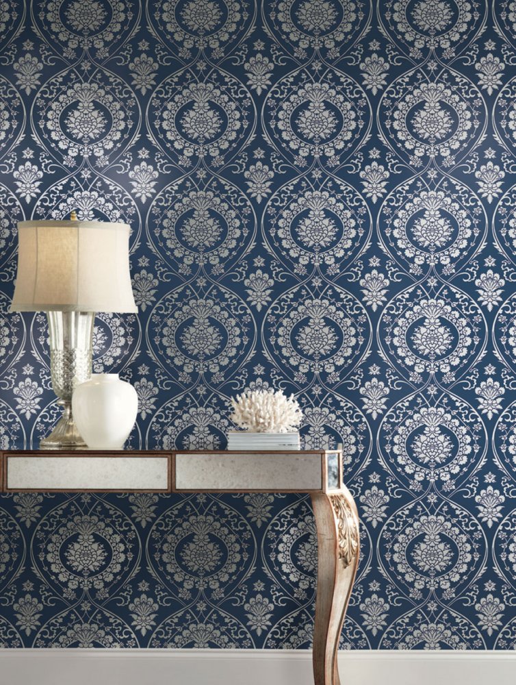 Blue pre-pasted baroque wallpaper DM4901, Damask, York