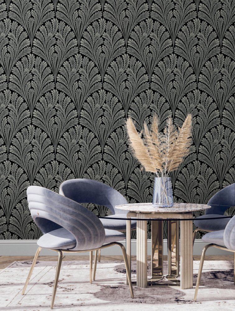 Black pre-pasted wallpaper, metallic leaves BW3951, Damask, York