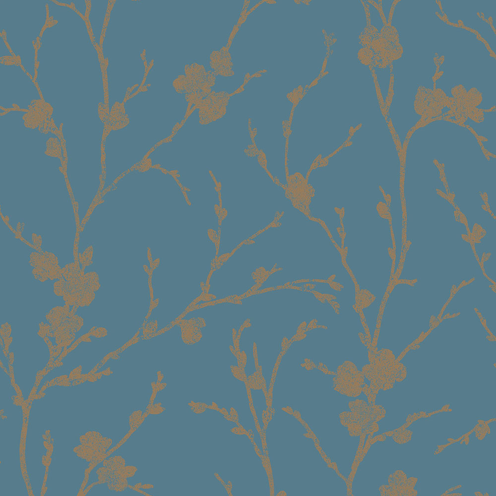 Turquoise wallpaper, bronze twigs 103522, Reclaim, Graham&Brown