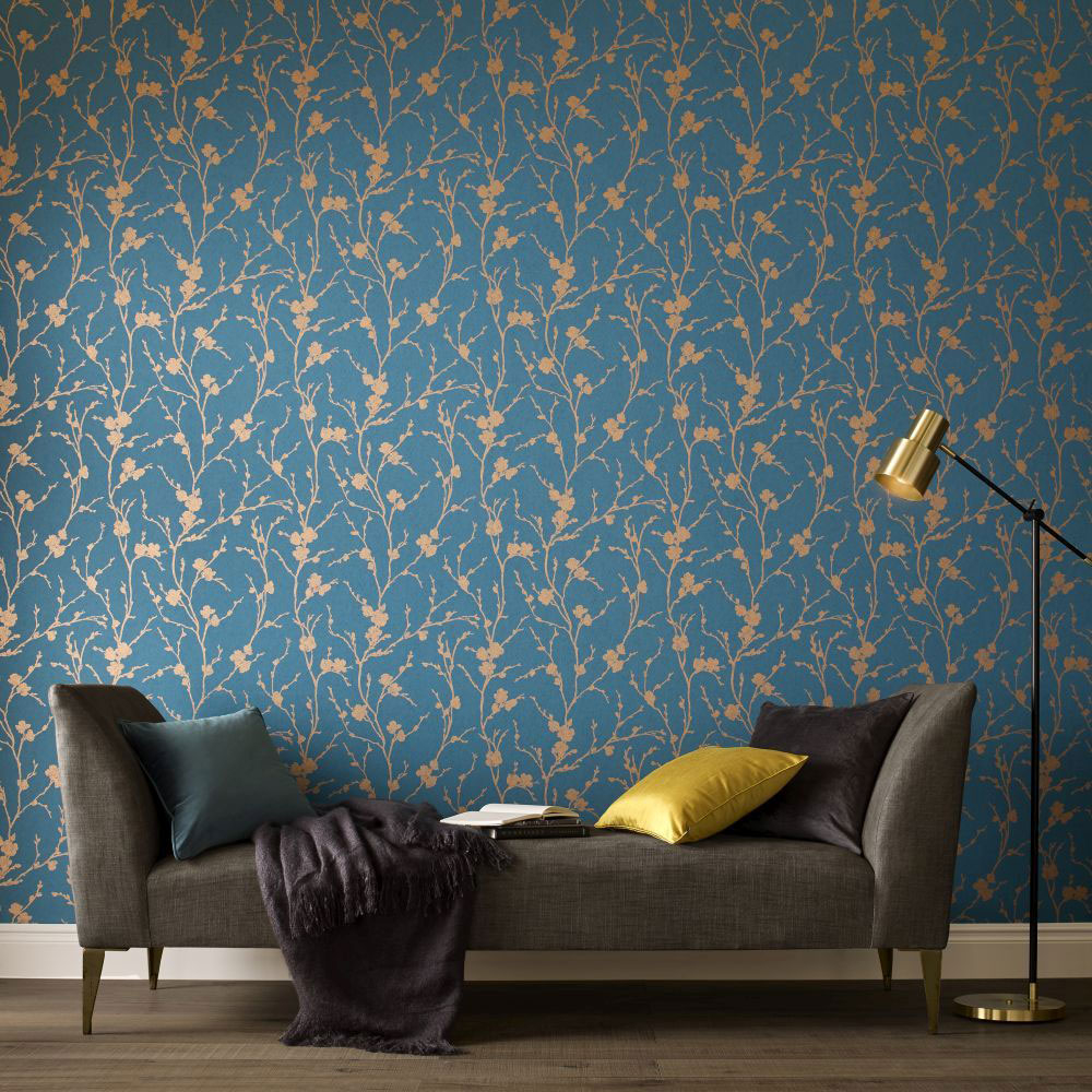 Turquoise wallpaper, bronze twigs 103522, Reclaim, Graham&Brown