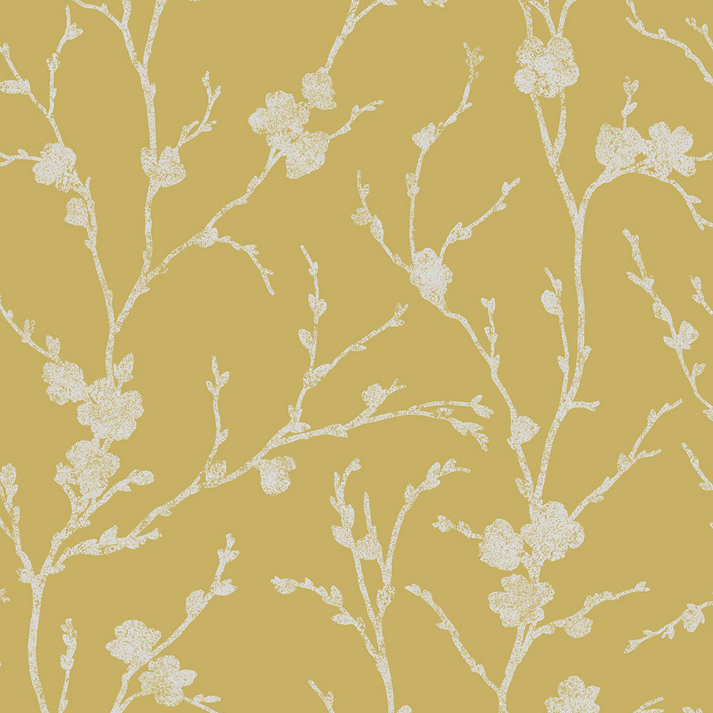 Ocher wallpaper, silver twigs 103521, Reclaim, Graham&Brown