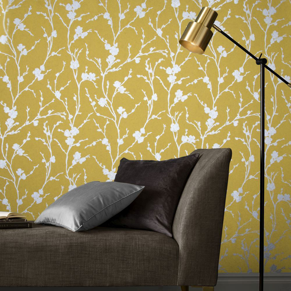 Ocher wallpaper, silver twigs 103521, Reclaim, Graham&Brown