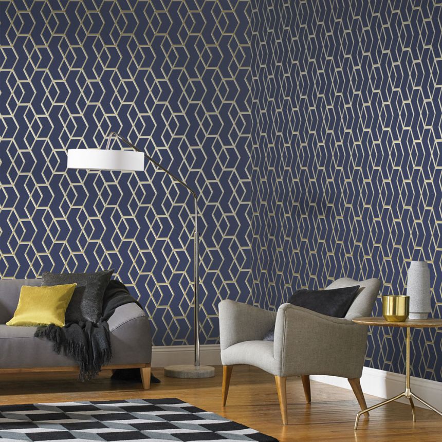 Blue wallpaper, golden geometric pattern 104735, Formation, Graham & Brown